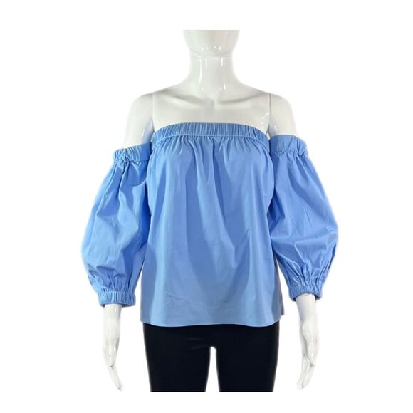 MILLY Off The Shoulder Blue Poplin Top - Size S - Picture 2 of 7